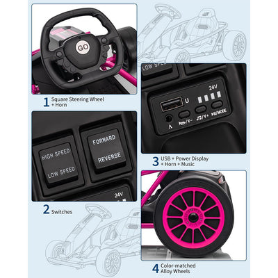 Garvee 24V 9Ah Kids Ride On Go Kart Toy,High Speed 8.1MPH Drifting Car with 2x300W Motors,14.3" XL Seat,Full Metal Frame,Music,Power Display,Max Load 155Lbs Racing for Kids 8-12 Years - Rose