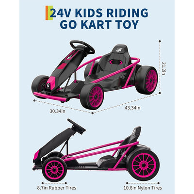 Garvee 24V 9Ah Kids Ride On Go Kart Toy,High Speed 8.1MPH Drifting Car with 2x300W Motors,14.3" XL Seat,Full Metal Frame,Music,Power Display,Max Load 155Lbs Racing for Kids 8-12 Years - Rose