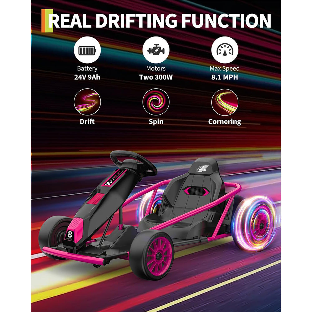 Garvee 24V 9Ah Kids Ride On Go Kart Toy,High Speed 8.1MPH Drifting Car with 2x300W Motors,14.3" XL Seat,Full Metal Frame,Music,Power Display,Max Load 155Lbs Racing for Kids 8-12 Years - Rose