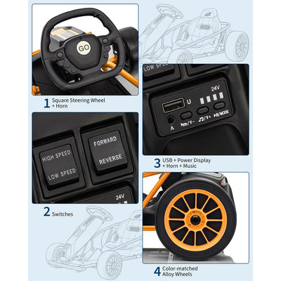 Garvee 24V 9Ah Kids Ride On Go Kart Toy,High Speed 8.1MPH Drifting Car with 2x300W Motors,14.3" XL Seat,Full Metal Frame,Music,Power Display,Max Load 155Lbs Racing for Kids 8-12 Years - Orange