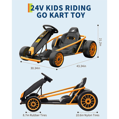 Garvee 24V 9Ah Kids Ride On Go Kart Toy,High Speed 8.1MPH Drifting Car with 2x300W Motors,14.3" XL Seat,Full Metal Frame,Music,Power Display,Max Load 155Lbs Racing for Kids 8-12 Years - Orange