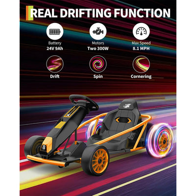 Garvee 24V 9Ah Kids Ride On Go Kart Toy,High Speed 8.1MPH Drifting Car with 2x300W Motors,14.3" XL Seat,Full Metal Frame,Music,Power Display,Max Load 155Lbs Racing for Kids 8-12 Years - Orange