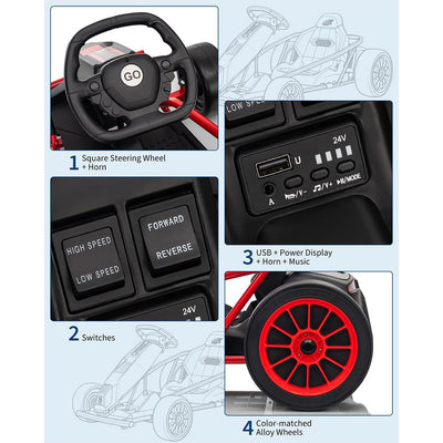 Garvee 24V 9Ah Kids Ride On Go Kart Toy,High Speed 8.1MPH Drifting Car with 2x300W Motors,14.3" XL Seat,Full Metal Frame,Music,Power Display,Max Load 155Lbs Racing for Kids 8-12 Years - Red