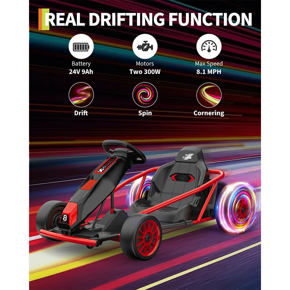 Garvee 24V 9Ah Kids Ride On Go Kart Toy,High Speed 8.1MPH Drifting Car with 2x300W Motors,14.3" XL Seat,Full Metal Frame,Music,Power Display,Max Load 155Lbs Racing for Kids 8-12 Years - Red