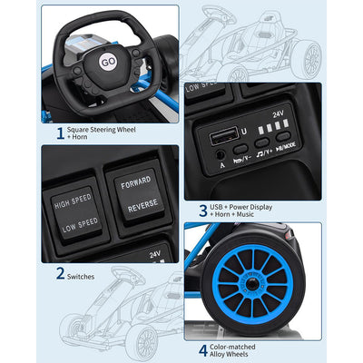 Garvee 24V 9Ah Kids Ride On Go Kart Toy,High Speed 8.1MPH Drifting Car with 2x300W Motors,14.3" XL Seat,Full Metal Frame,Music,Power Display,Max Load 155Lbs Racing for Kids 8-12 Years - Blue