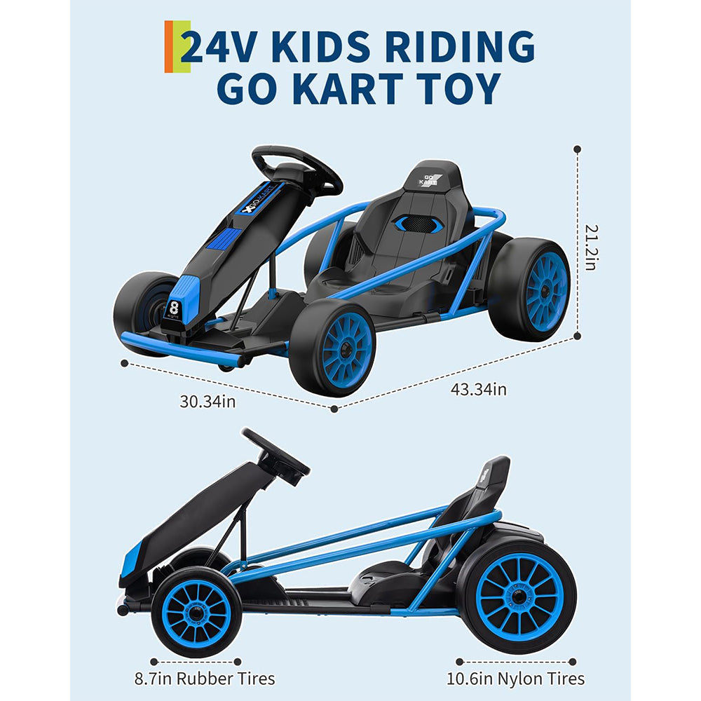 Garvee 24V 9Ah Kids Ride On Go Kart Toy,High Speed 8.1MPH Drifting Car with 2x300W Motors,14.3" XL Seat,Full Metal Frame,Music,Power Display,Max Load 155Lbs Racing for Kids 8-12 Years - Blue