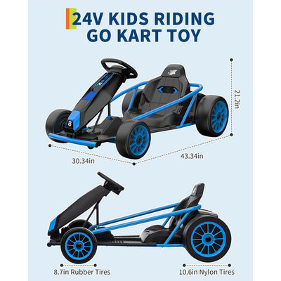 Garvee 24V 9Ah Kids Ride On Go Kart Toy,High Speed 8.1MPH Drifting Car with 2x300W Motors,14.3" XL Seat,Full Metal Frame,Music,Power Display,Max Load 155Lbs Racing for Kids 8-12 Years - Blue
