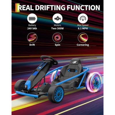 Garvee 24V 9Ah Kids Ride On Go Kart Toy,High Speed 8.1MPH Drifting Car with 2x300W Motors,14.3" XL Seat,Full Metal Frame,Music,Power Display,Max Load 155Lbs Racing for Kids 8-12 Years - Blue