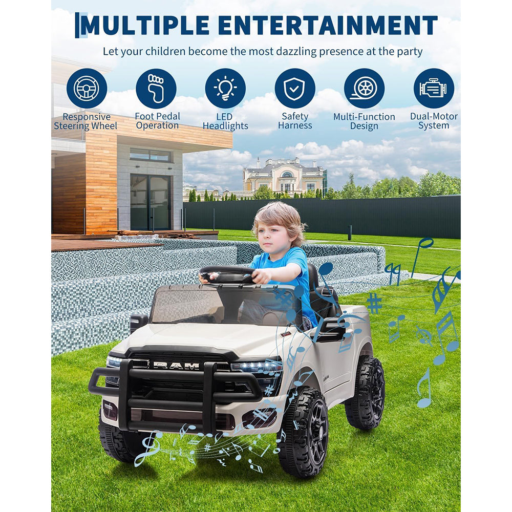 Garvee 12V Ride On Truck Car RAM Licensed Pickup, Remote Control, Spring Suspension, Battery Powered, LED Lights, All-Terrain Tires, White, Outdoor Play