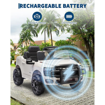 Garvee 12V Ride On Truck Car RAM Licensed Pickup, Remote Control, Spring Suspension, Battery Powered, LED Lights, All-Terrain Tires, White, Outdoor Play