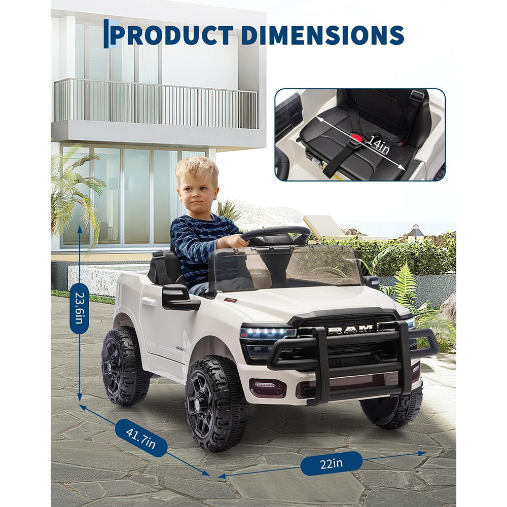 Garvee 12V Ride On Truck Car RAM Licensed Pickup, Remote Control, Spring Suspension, Battery Powered, LED Lights, All-Terrain Tires, White, Outdoor Play