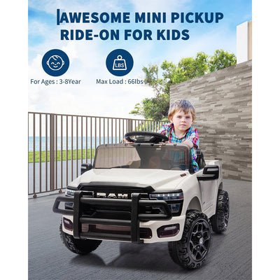 Garvee 12V Ride On Truck Car RAM Licensed Pickup, Remote Control, Spring Suspension, Battery Powered, LED Lights, All-Terrain Tires, White, Outdoor Play