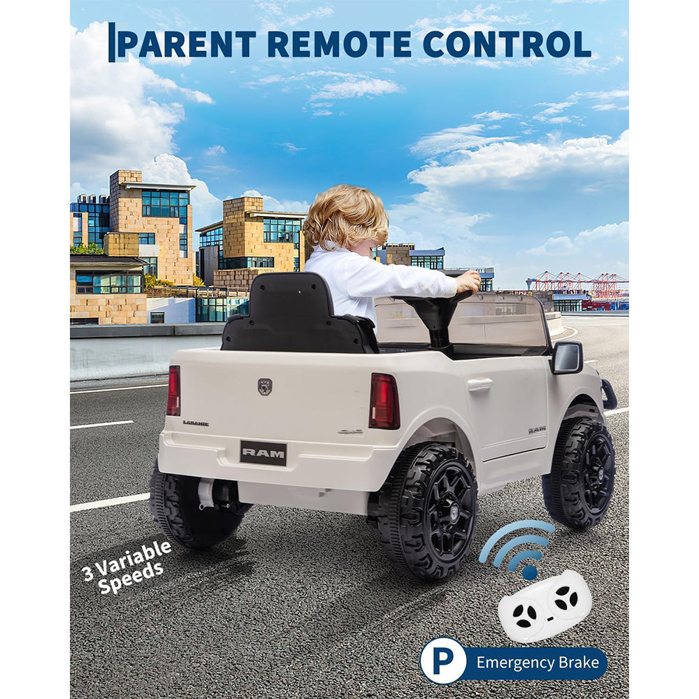 Garvee 12V Ride On Truck Car RAM Licensed Pickup, Remote Control, Spring Suspension, Battery Powered, LED Lights, All-Terrain Tires, White, Outdoor Play