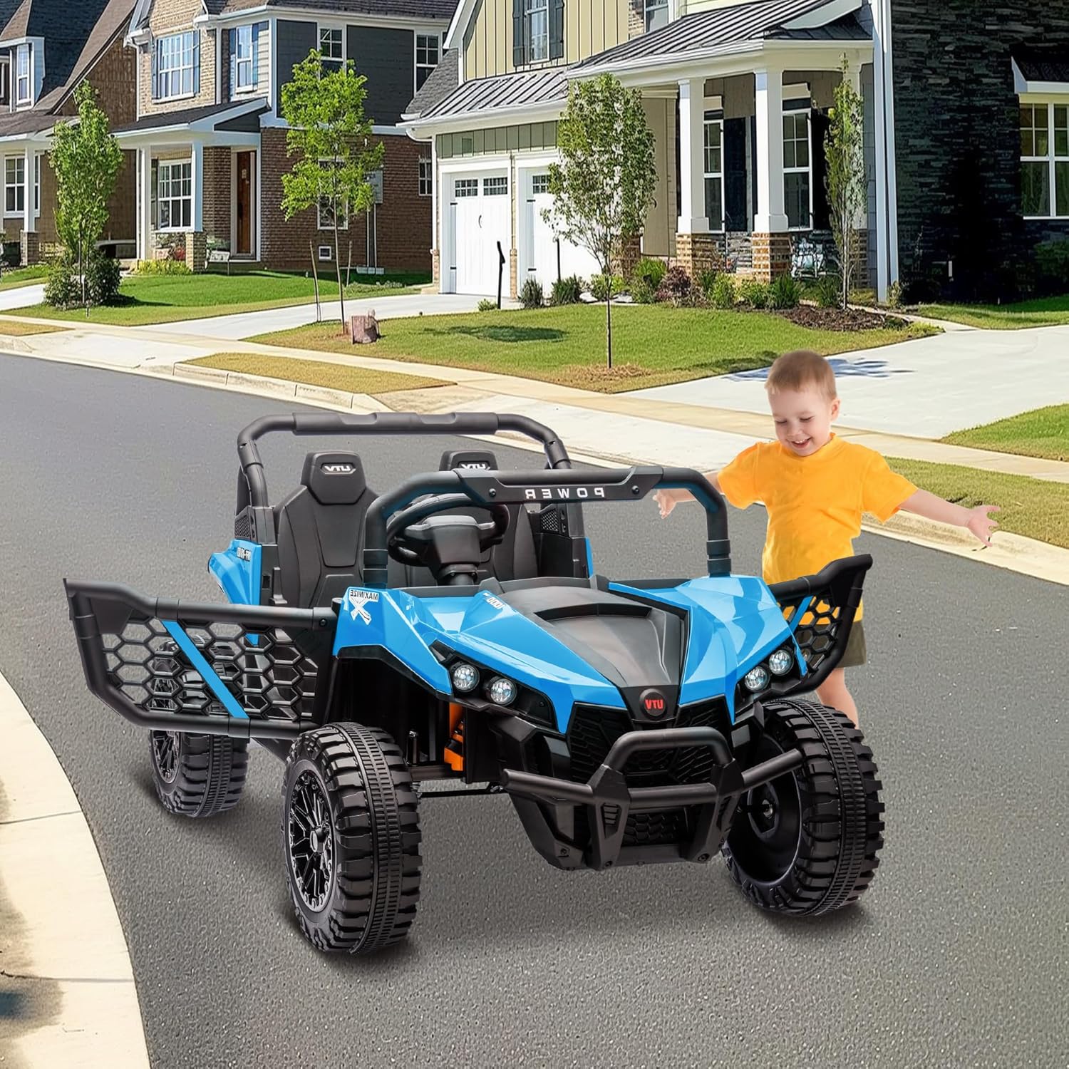 Garvee 24V Ride On Car Electric Off-Road UTV Truck with Remote Control, Lockable Doors, Safety Belt, PP+Metal, LED Lights, Music Player, Blue, Kids Outdoor Fun - Blue