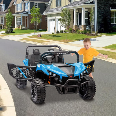 Garvee 24V Ride On Car Electric Off-Road UTV Truck with Remote Control, Lockable Doors, Safety Belt, PP+Metal, LED Lights, Music Player, Blue, Kids Outdoor Fun - Blue
