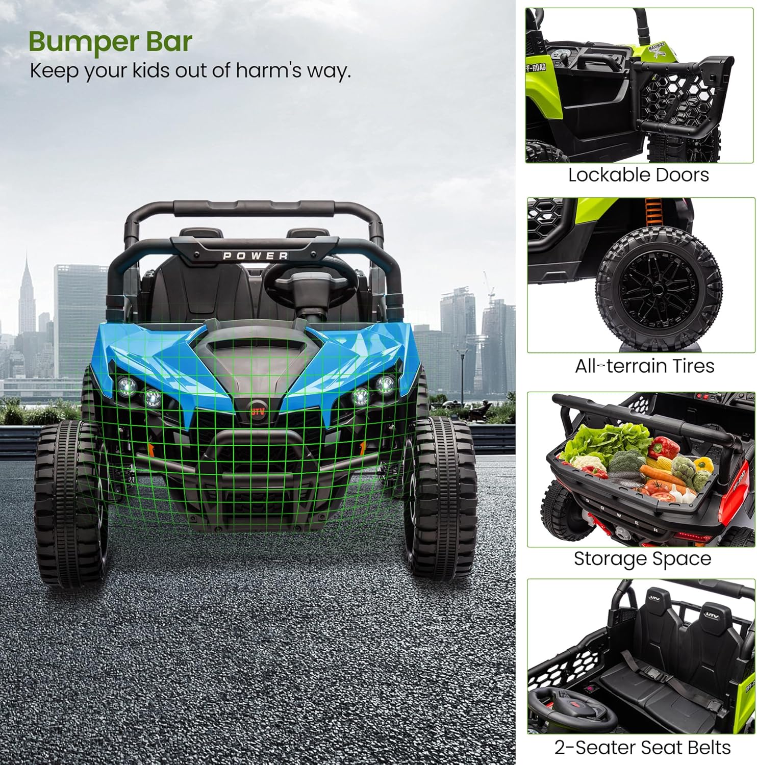 Garvee 24V Ride On Car Electric Off-Road UTV Truck with Remote Control, Lockable Doors, Safety Belt, PP+Metal, LED Lights, Music Player, Blue, Kids Outdoor Fun - Blue