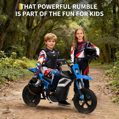 Garvee 24V Electric Dirt Bike for Kids 350W Motor, Rear Suspension, Leather Seat, Bluetooth Music, 12" Tires, Ages 10+, Outdoor Riding