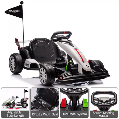 Garvee Ride - G Series: 24V 7Ah Battery Two 200W Motors, 7.5MPH Fast Drifting Circling Car, Stretchable Length Electric Ride Toy,Max Load 135lbs, Racing Toy for Kids 6+ Years,White