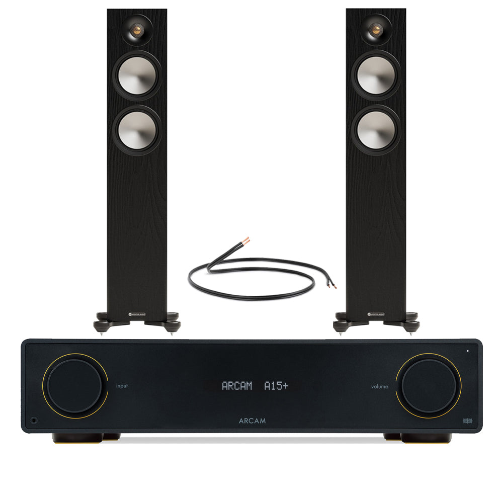 Arcam A15+ Integrated Amplifier with Monitor Audio Bronze 300 7G Floorstanding Speakers Pair - Black