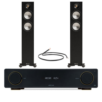 Arcam A15+ Integrated Amplifier with Monitor Audio Bronze 300 7G Floorstanding Speakers Pair - Black