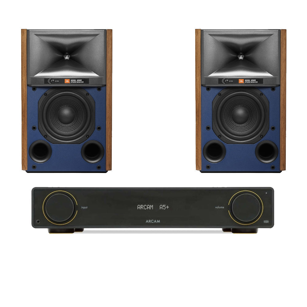 Arcam A5+ Integrated Amplifier Black with JBL 4309 Studio Monitor Bookshelf Speakers Walnut Pair