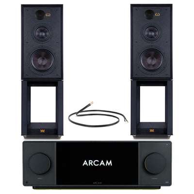 Arcam Radia SA45 Streaming Amplifier with Wharfedale Linton Heritage Standmount Speakers with Matching Stands - Black