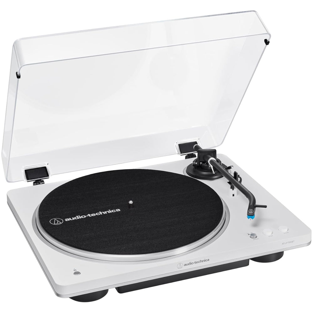 Audio Technica AT-LP70XBT Fully Automatic Bluetooth Wireless Turntable with Kanto ORA4 140W Powered Reference Speakers HiFi Package White