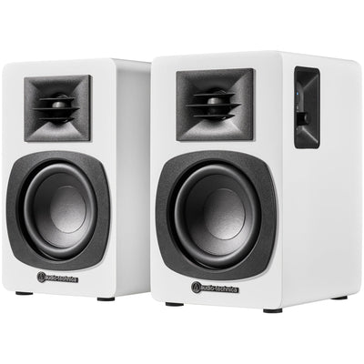 Audio Technica AT-SP3X Powered Bluetooth Bookshelf Speakers White with AT-ST3 Stands Pair