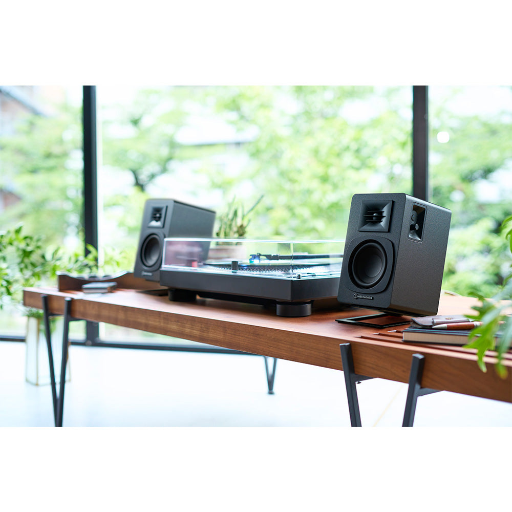 Audio Technica AT-SP3X Powered Bluetooth Bookshelf Speakers with AT-ST3 Stands Pair - Black