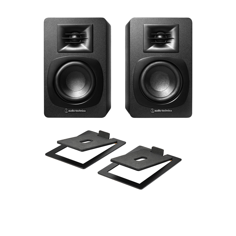 Audio Technica AT-SP3X Powered Bluetooth Bookshelf Speakers with AT-ST3 Stands Pair - Black