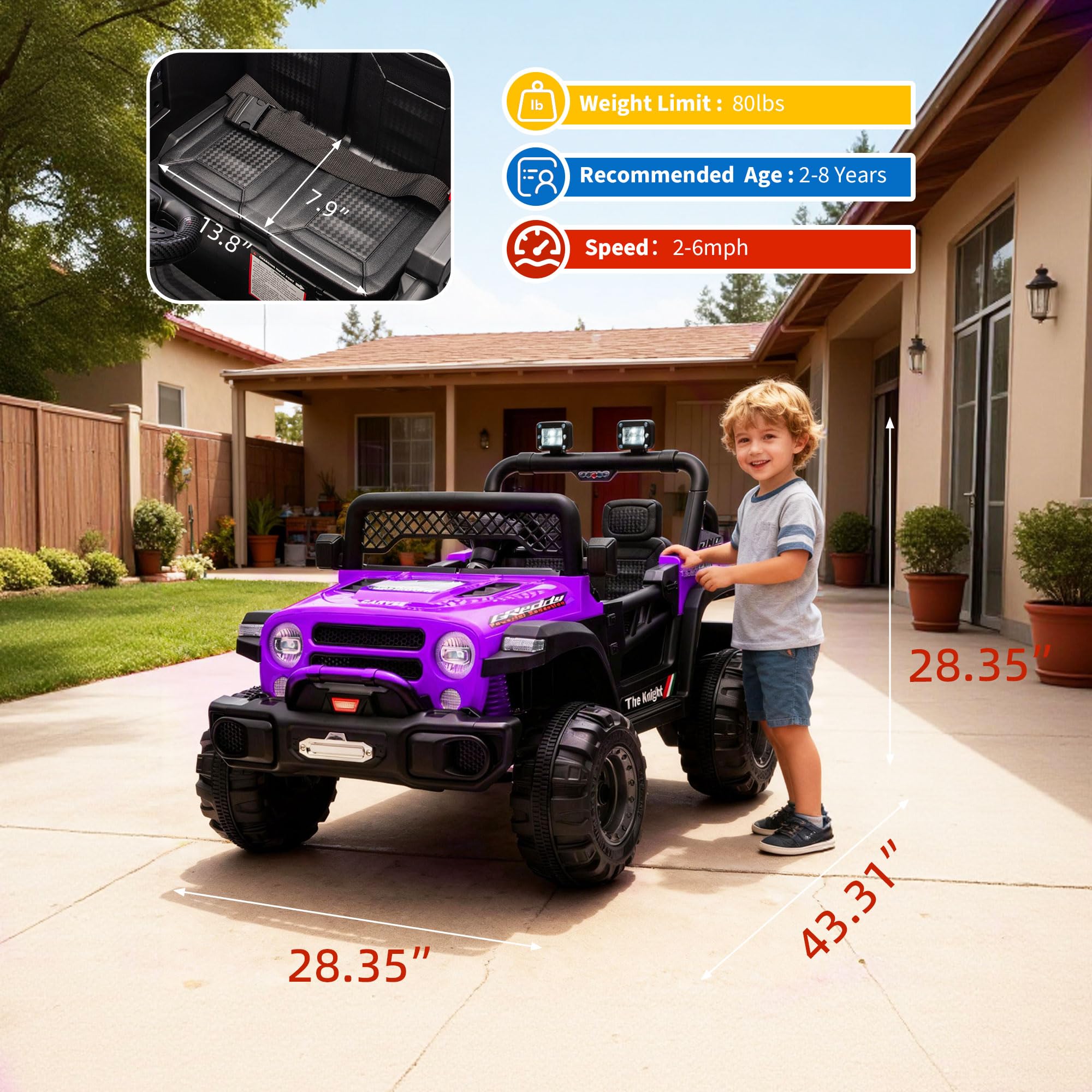 Garvee 12V Kids Electric Ride-On Truck – Dual 550W Motors, 3 Speeds, Remote Control, Spring Suspension, LED Lights, Music Player, Safety Belt – Battery Powered Car for Kids Ages 3-8, Purple