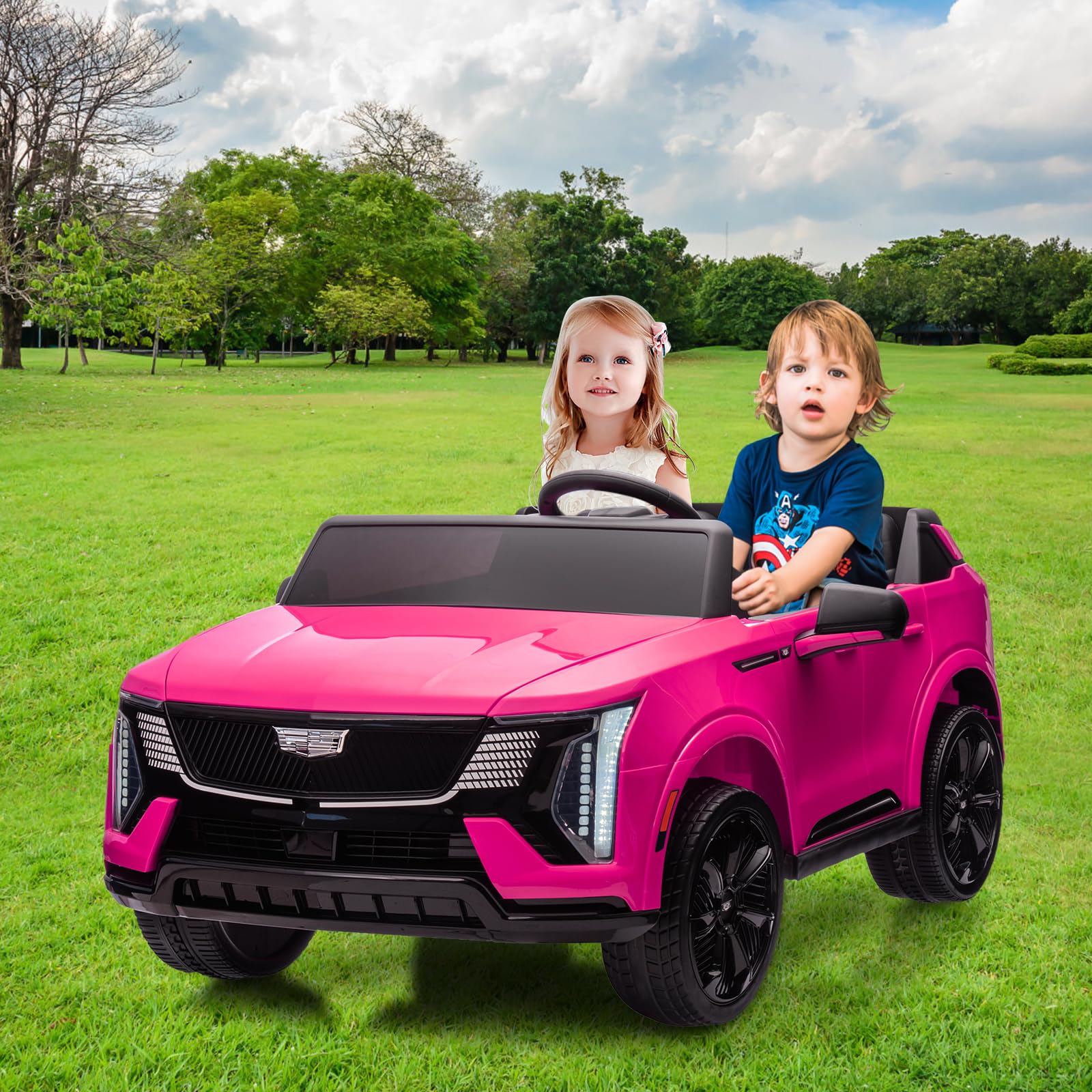 Garvee 24V Kids Ride On Car Licensed Cadillac 2-Seater Electric Truck with Remote Control, Spring Suspension, LED Lights, Music - Battery Powered, Pink, for Toddlers