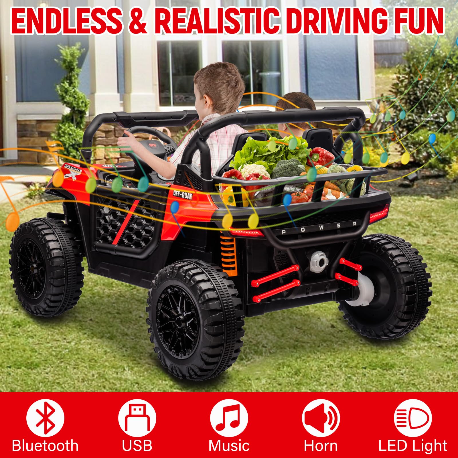 Garvee 24V Ride On Car Electric Off-Road UTV Truck with Remote Control, Lockable Doors, Safety Belt, PP+Metal, LED Lights, Music Player, Blue, Kids Outdoor Fun - Red