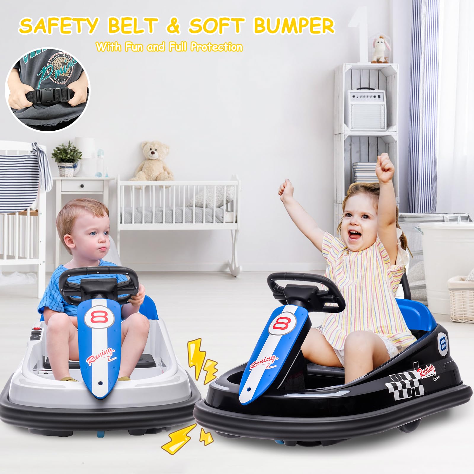 Garvee Ride - B Series: 6V Electric Ride-On with 360° Spin, 2 Speeds, Lights, Music, Horn, PP+Metal, Safety Belts, Anti-Collision Strip, Black for Kids 3-6