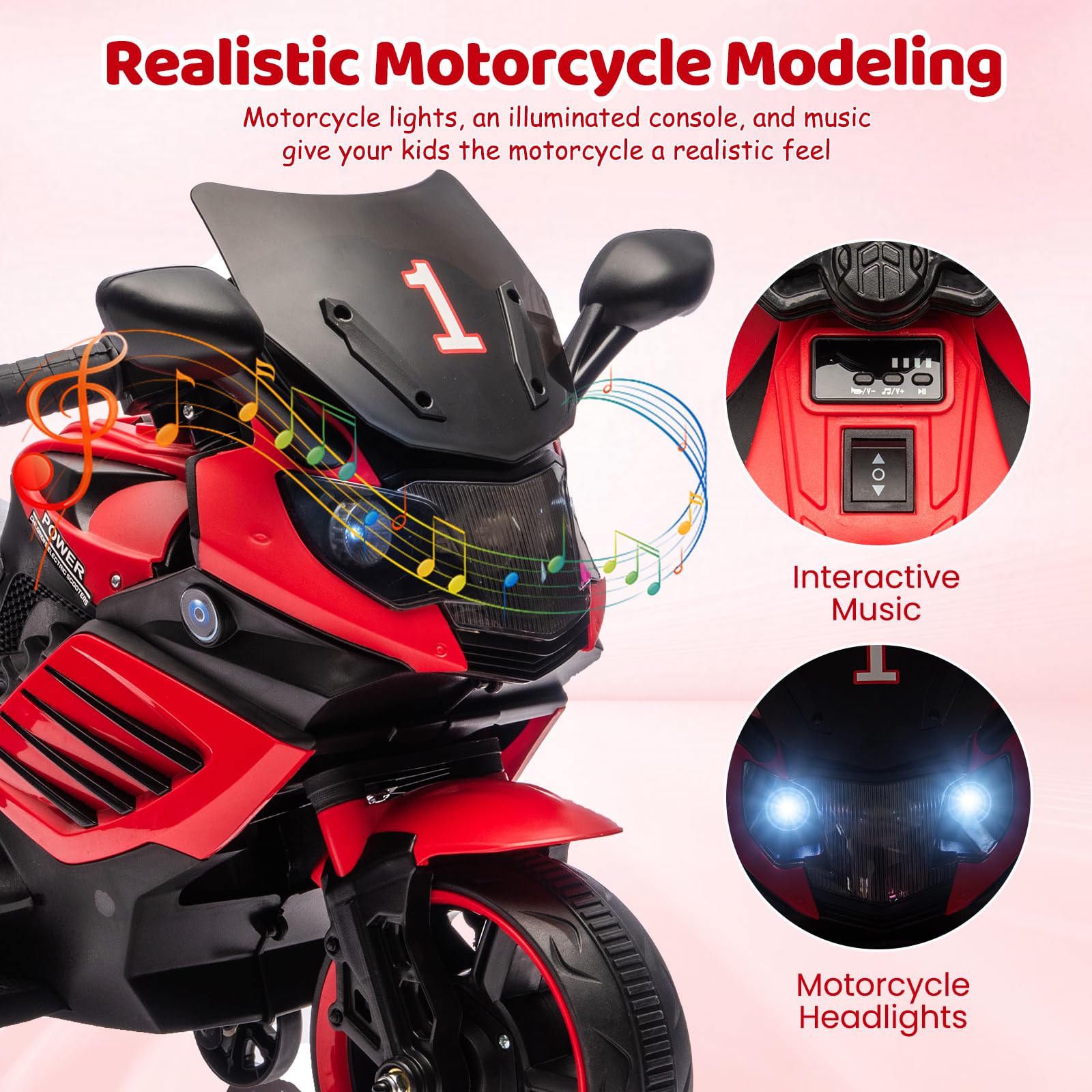 Garvee 6V Kids Electric Motorcycle Toy with Training Wheels, Headlight & Music, Durable EVA Tires, Battery Powered, for Toddlers Ages 3-6, Outdoor Play