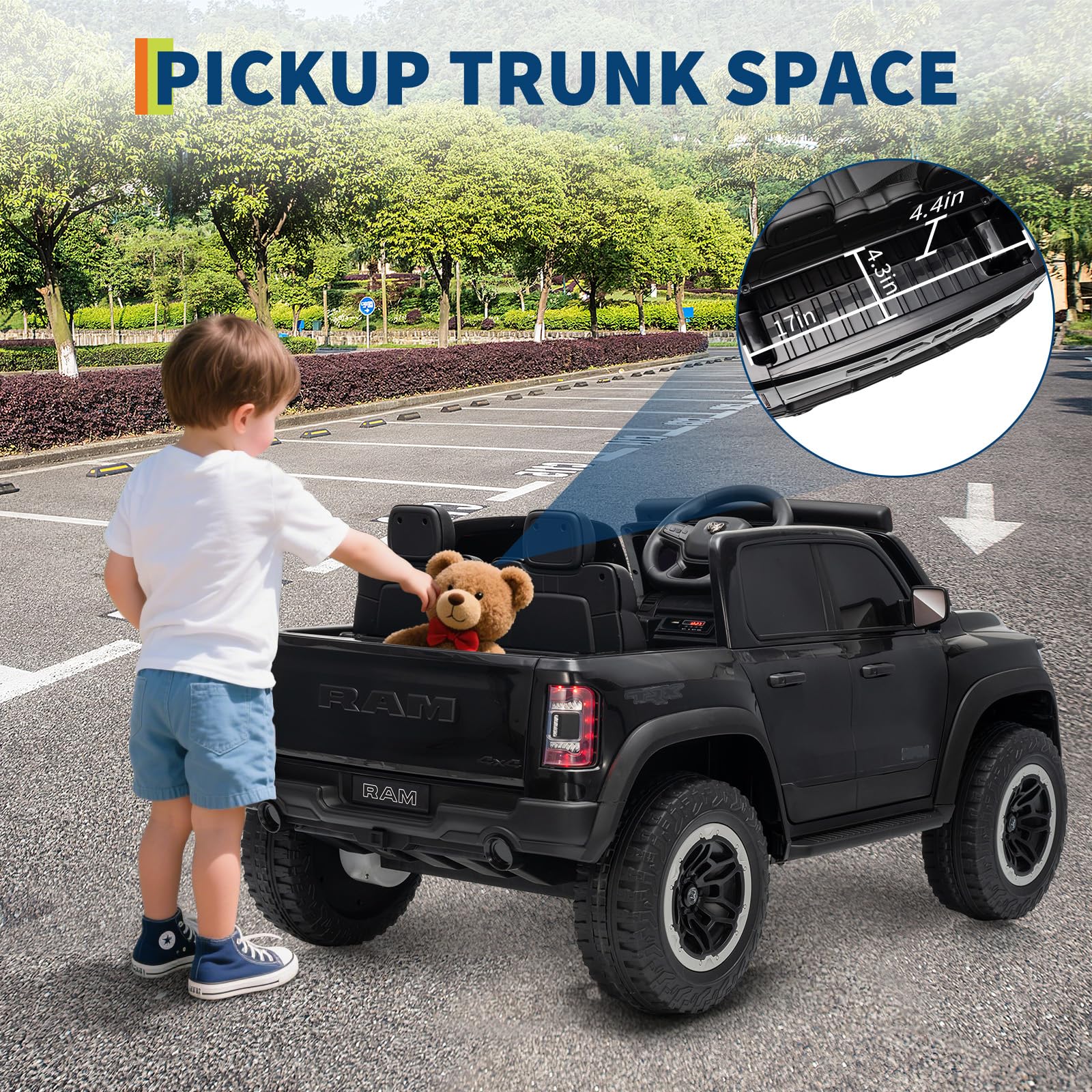 Garvee 12V Kids Ride On Police Car RAM Truck with Remote Control, 3 Speeds, Spring Suspension, LED Lights, Safety Lock, Pickup Truck for Toddlers