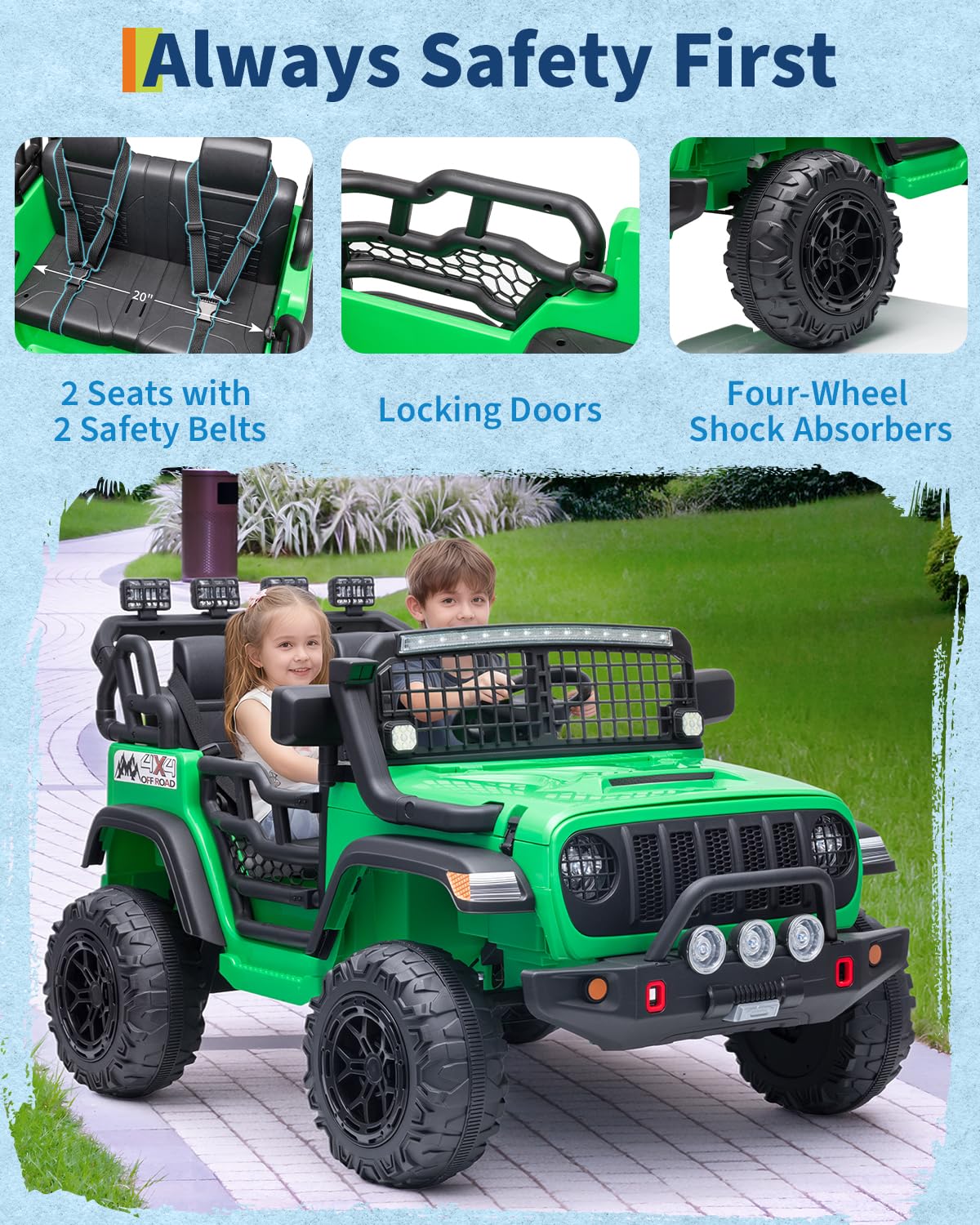 Garvee 24V Ride on Toys for Big Kids, 2-Seater Electric Ride on Car Truck with Remote Control, Four-Wheel Shock Absorbers, 4 Mph Max Speed, Music, LED Lights for Boys Girls, Green