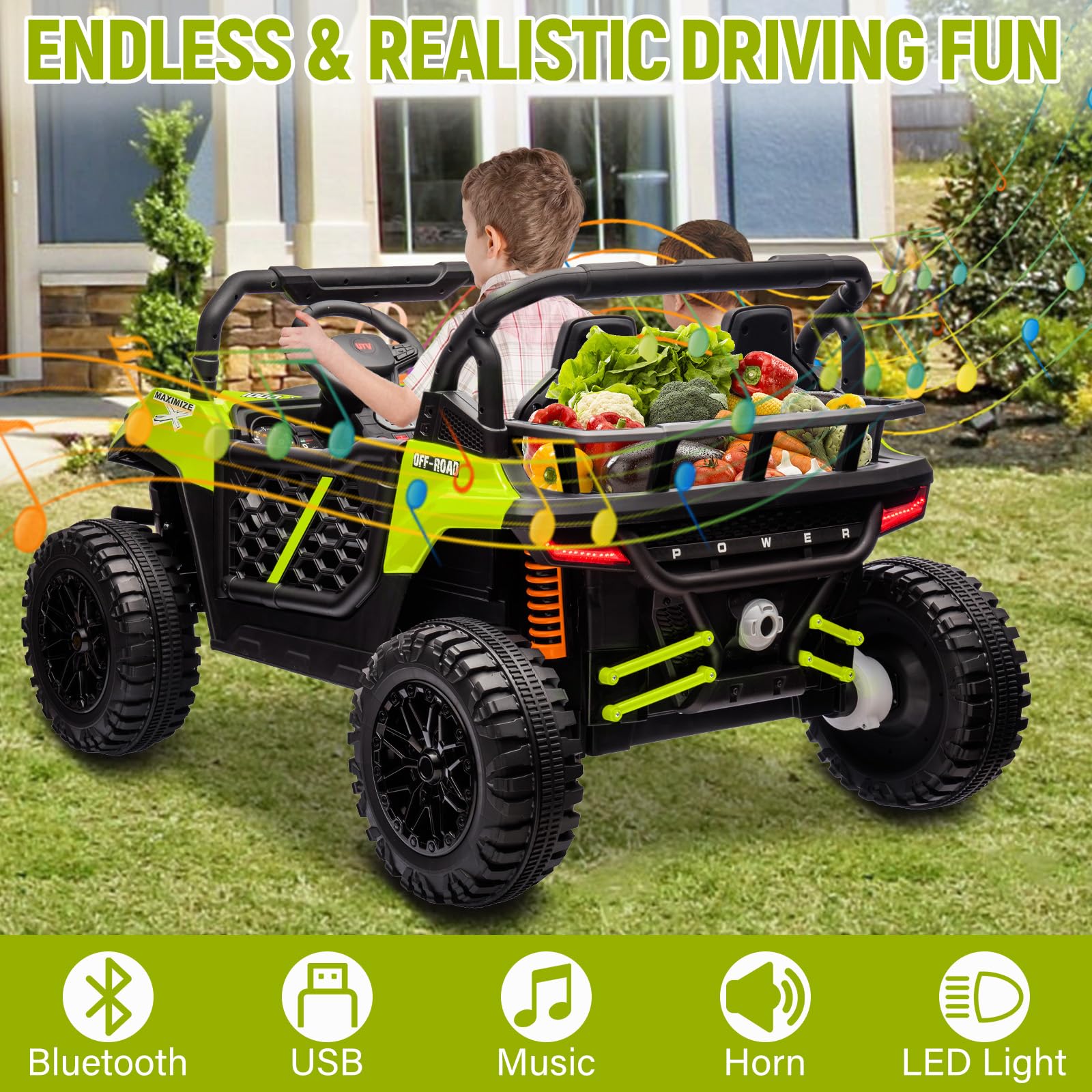 Garvee 24V Ride On Car Electric Off-Road UTV Truck with Remote Control, Lockable Doors, Safety Belt, PP+Metal, LED Lights, Music Player, Blue, Kids Outdoor Fun - Blue