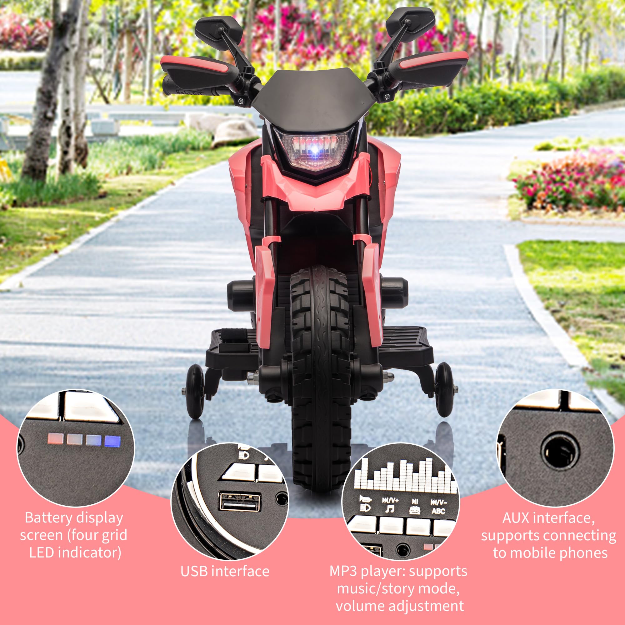 Garvee 6V Kids Electric Motorcycle with Training Wheels, Adjustable Speed 2-5 MPH, Durable Battery-Powered Ride-On Bike, Headlight & Music, Safe for Toddlers Outdoor Play