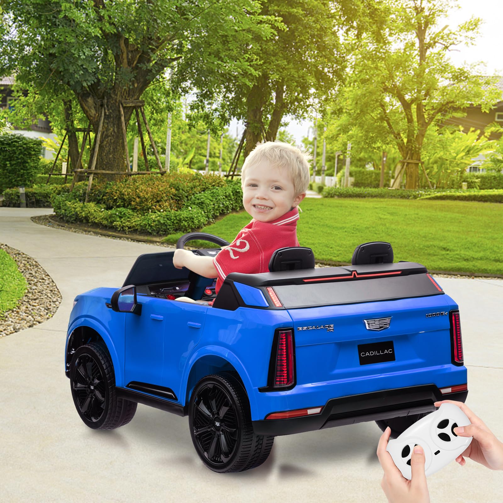 Garvee 2 Seater Ride On Car for Kids 24V Electric Cadillac with Remote Control, Full-Wheel Suspension, LED Lights, Music, Battery Powered, Blue, Outdoor Fun