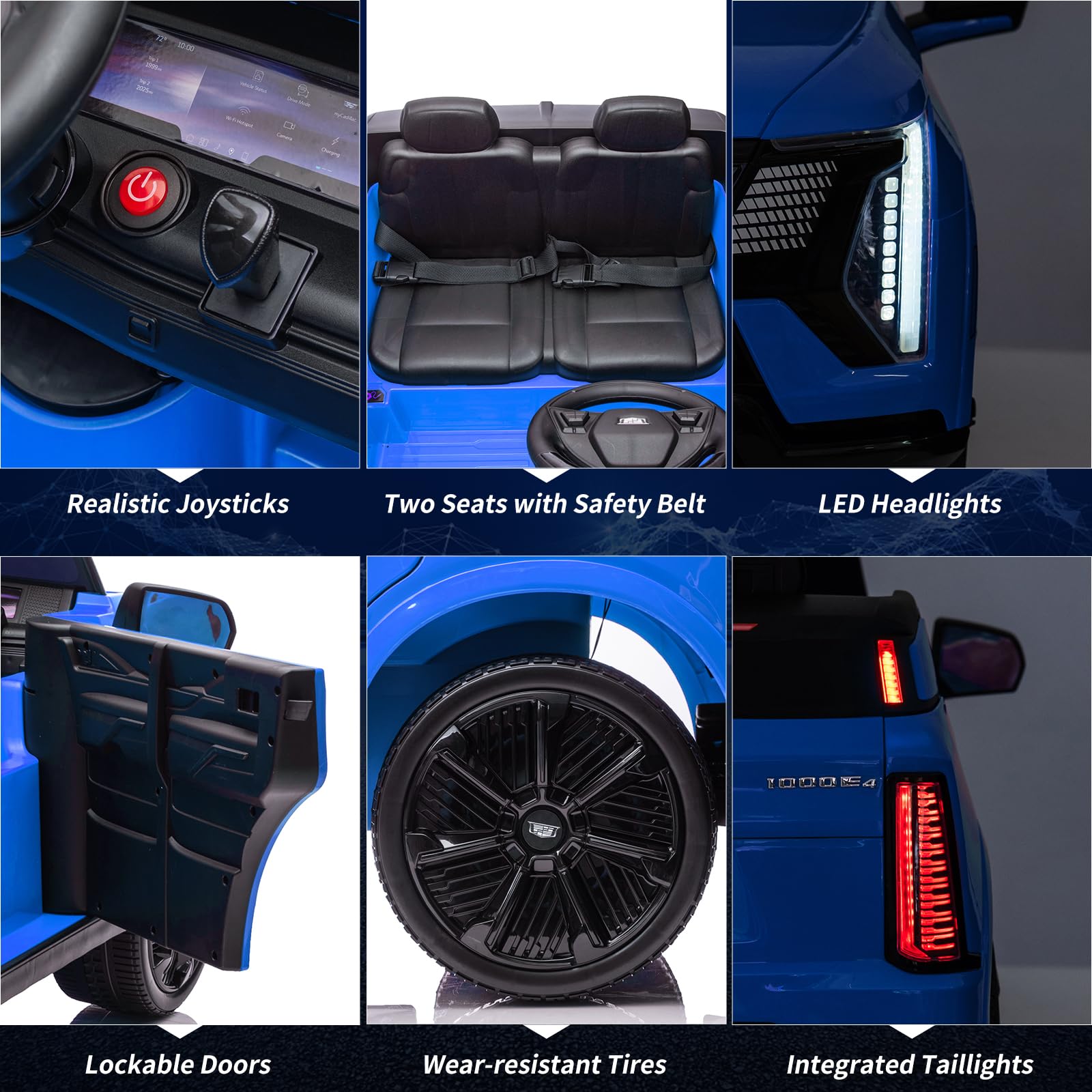 Garvee 2 Seater Ride On Car for Kids 24V Electric Cadillac with Remote Control, Full-Wheel Suspension, LED Lights, Music, Battery Powered, Blue, Outdoor Fun