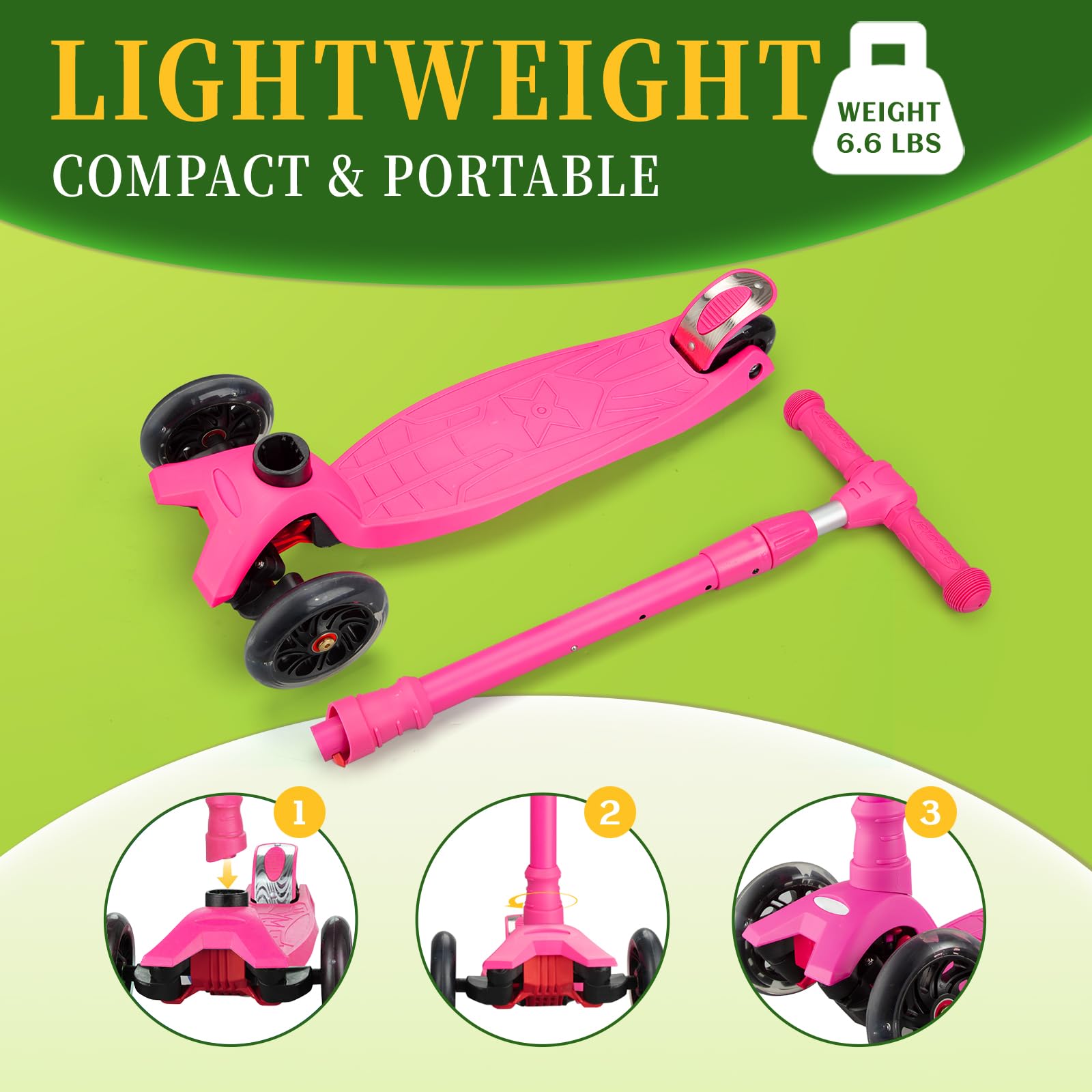 Garvee Kids 3 Wheel Kick Scooter for Boys & Girls Ages 3-10, Adjustable Handlebar, Lightweight Aluminum, Non-Slip Deck, Pink, Outdoor Play - Pink