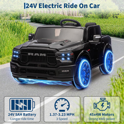 Garvee 2-Seater Electric Ride-On Truck for Kids, 24V RAM 2500 Licensed, Bluetooth, Remote Control, Suspension, LED Lights, Black, Outdoor Adventure