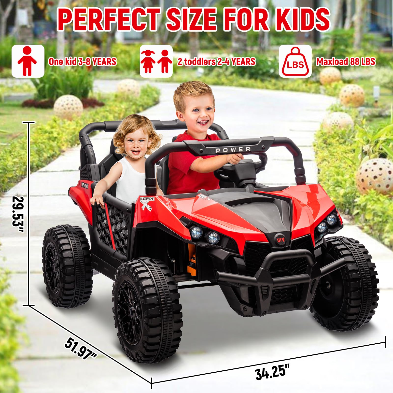 Garvee 24V Ride On Car Electric Off-Road UTV Truck with Remote Control, Lockable Doors, Safety Belt, PP+Metal, LED Lights, Music Player, Blue, Kids Outdoor Fun - Red