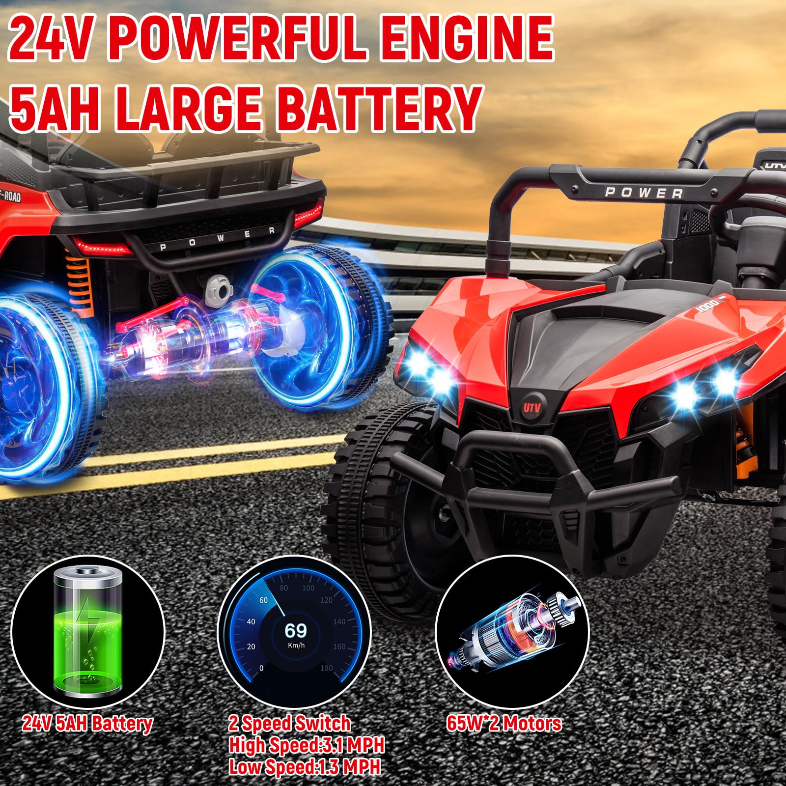 Garvee 24V Ride On Car Electric Off-Road UTV Truck with Remote Control, Lockable Doors, Safety Belt, PP+Metal, LED Lights, Music Player, Blue, Kids Outdoor Fun - Red