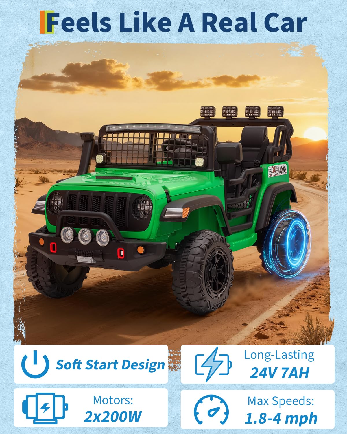 Garvee 24V Ride on Toys for Big Kids, 2-Seater Electric Ride on Car Truck with Remote Control, Four-Wheel Shock Absorbers, 4 Mph Max Speed, Music, LED Lights for Boys Girls, Green