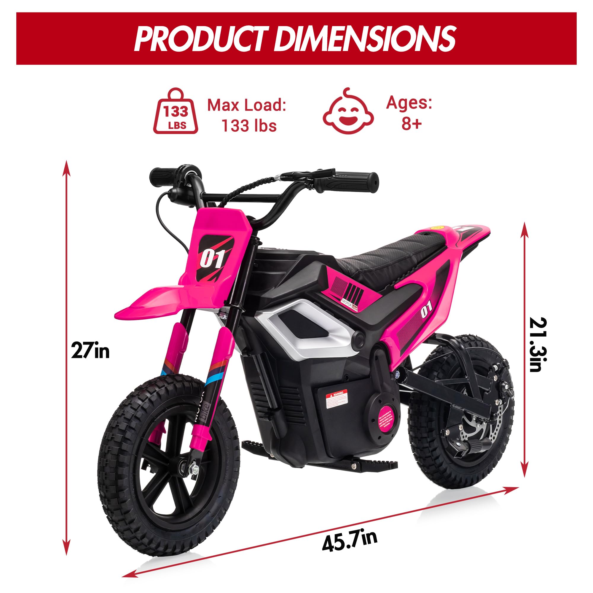 Garvee 24V Electric Kids Dirt Bike 350W Motor Rear Suspension Leather Seat Bluetooth Music Black Blue Green Red Rose Ages 10+ Outdoor Fun
