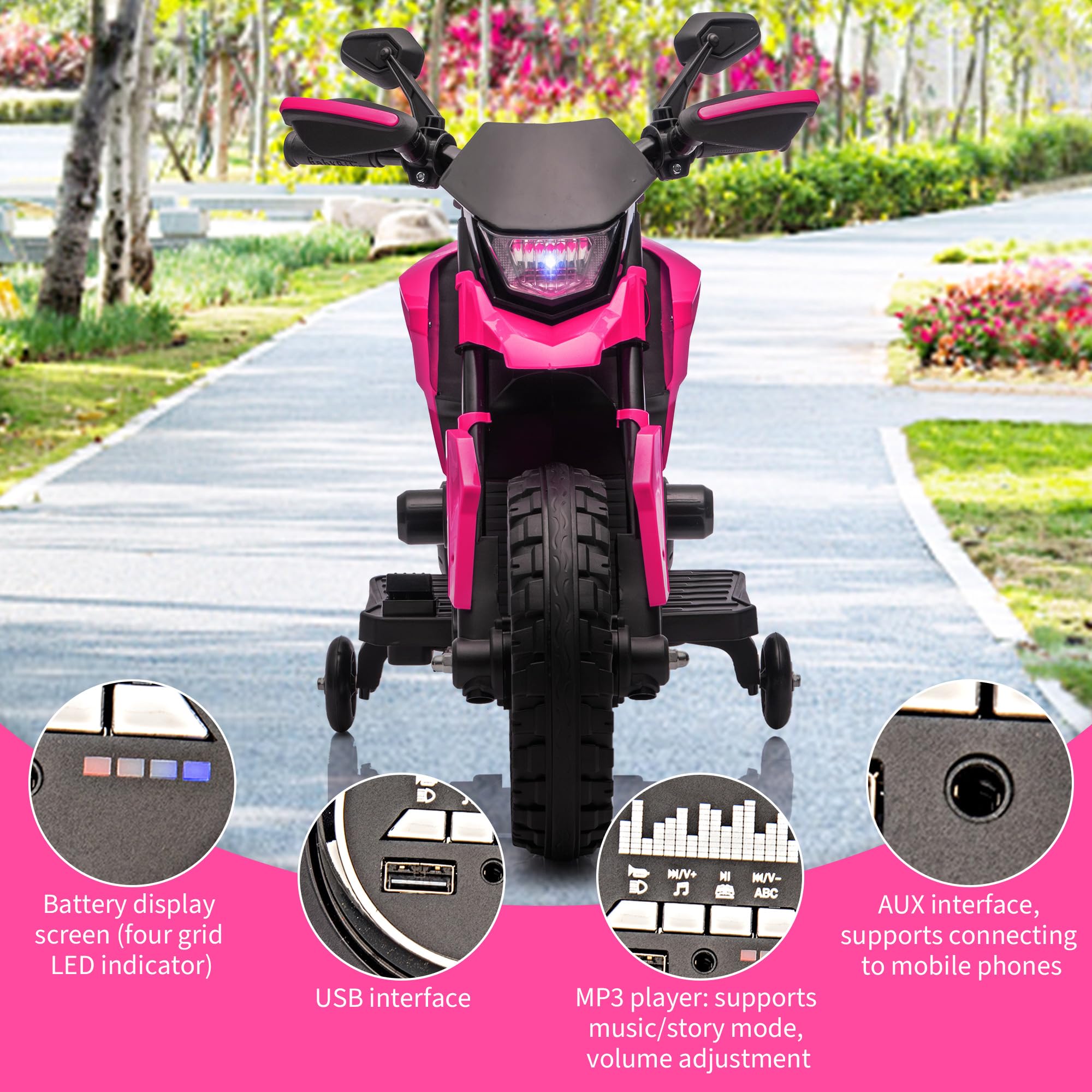 Garvee 6V Kids Electric Motorcycle with Training Wheels, Adjustable Speed 2-5 MPH, Durable Battery-Powered Ride-On Bike, Headlight & Music, Safe for Toddlers Outdoor Play