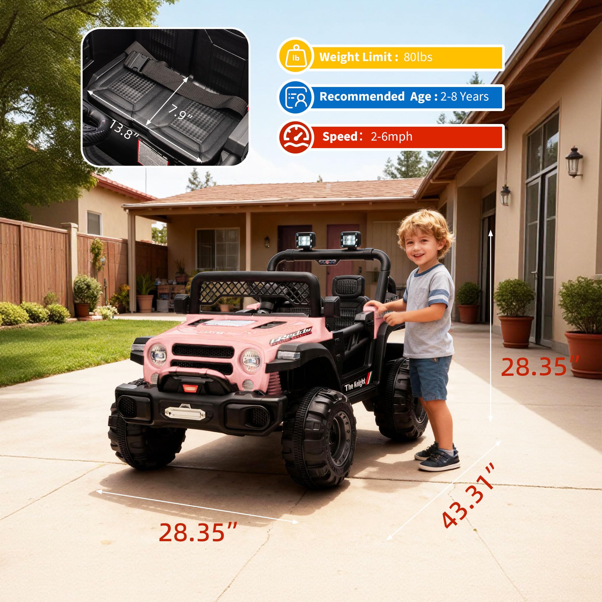 Garvee 12V Kids Electric Ride-On Truck Car – 2x550W Motors, Remote Control, 3 Speeds, Spring Suspension, LED Lights, Music, Safety Belt – Battery Powered Vehicle for Children Ages 2-8, Pink