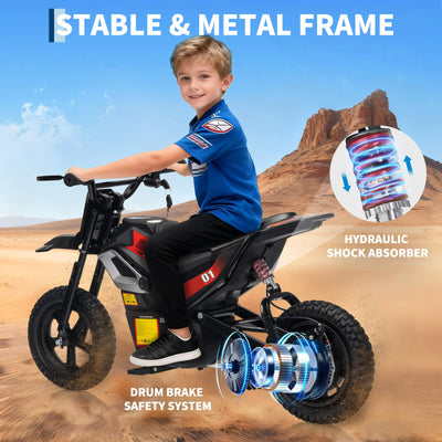 Garvee 24V Kids Electric Dirt Bike 350W Motor 10MPH Speed Rear Suspension Rubber Tires Black Backyard Adventure